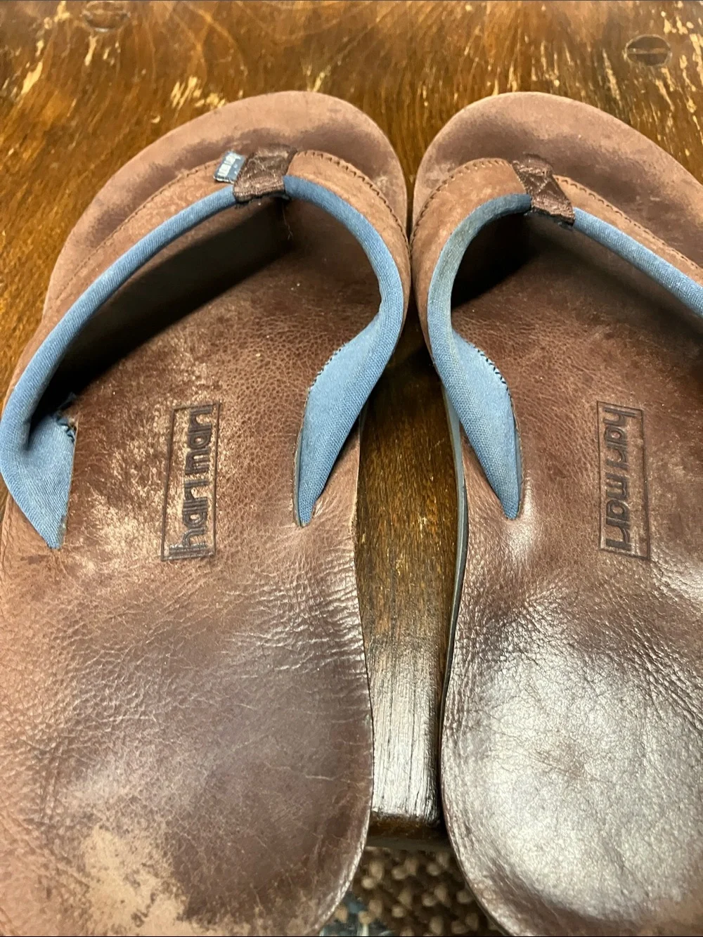 Hair Mari Men's Brown Leather Flip-Flop Sandals with Blue Lining